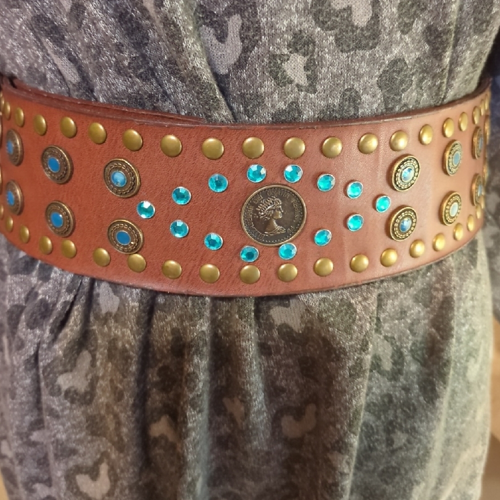 Brown Studded Women's Belt Genuine Leather